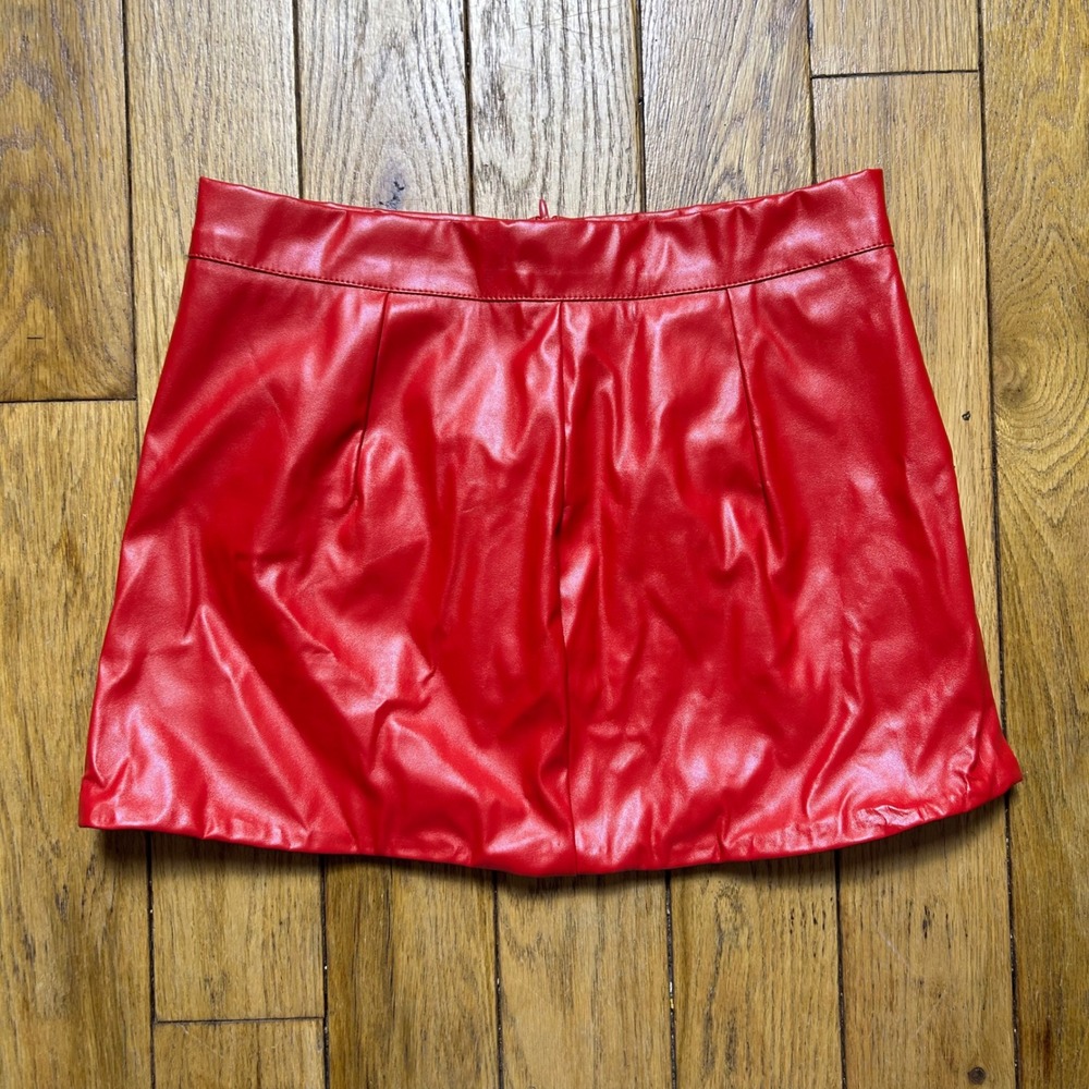 GUANYY Red Faux Leather Mini Skirt High Waisted Vegan Leather Red S